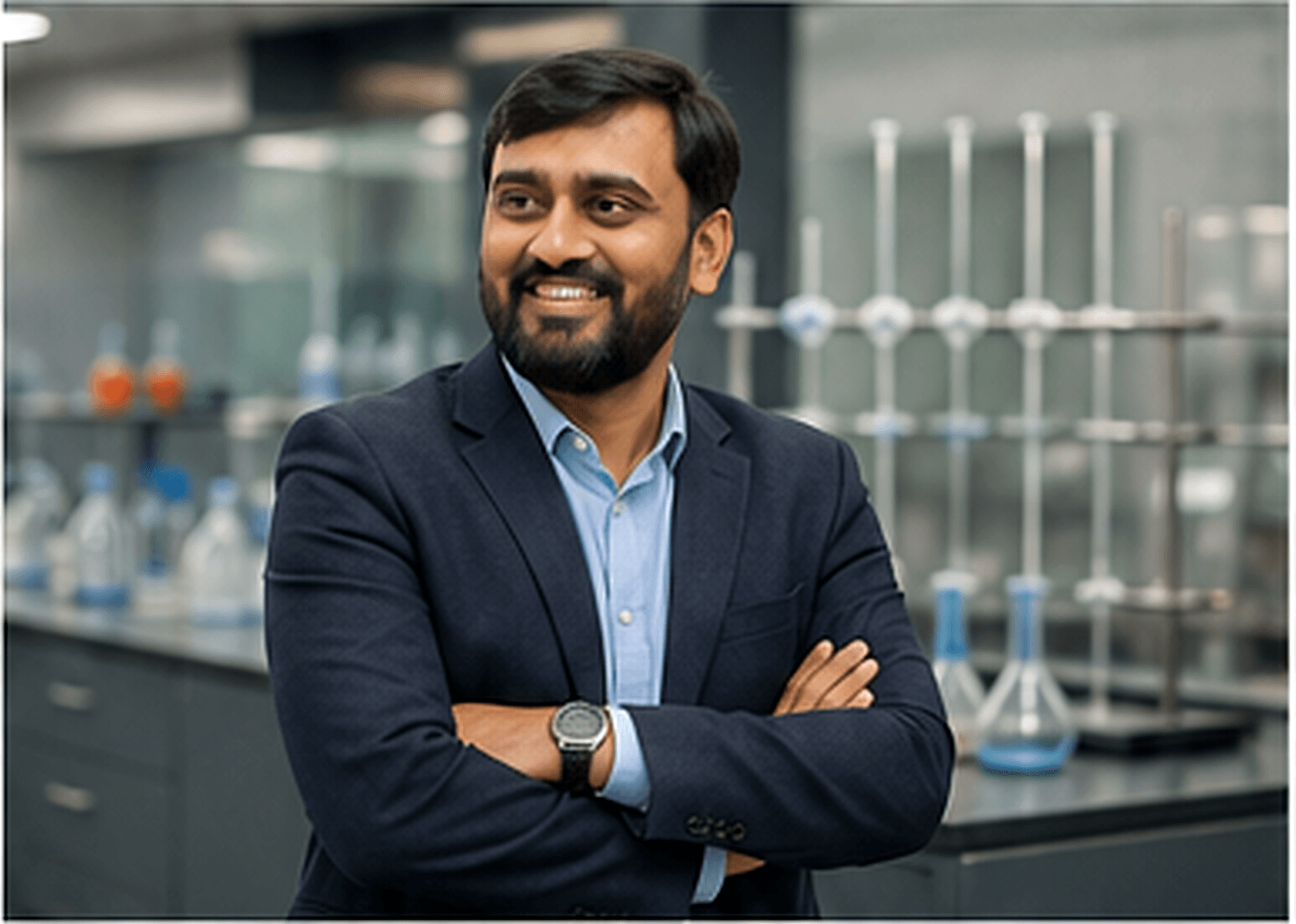 Dr. Yogesh Ajudiya in a chemistry lab with glassware and lab equipment — the operator of The Phenol Institute, Rajkot.